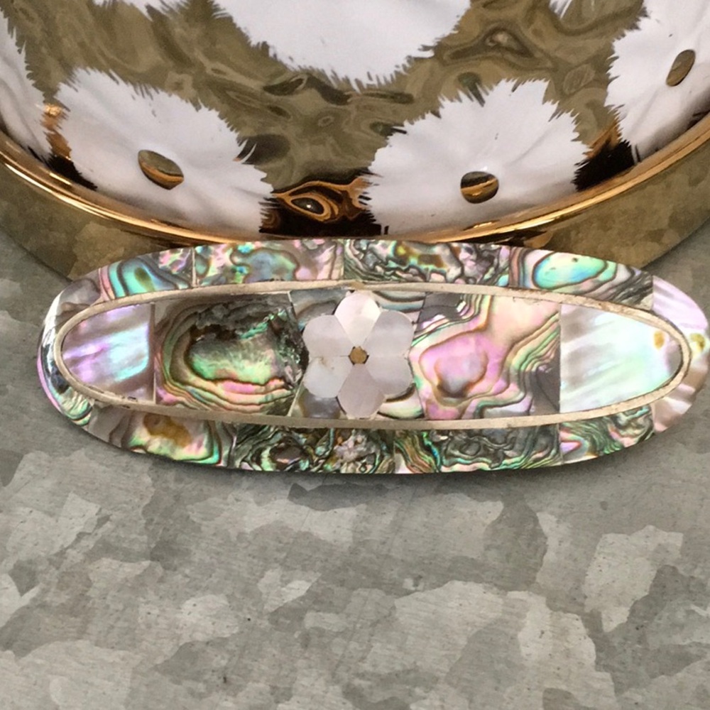 Vintage Alpaca Silver and Flower Design surrounded with Abalone Inlay Ba…